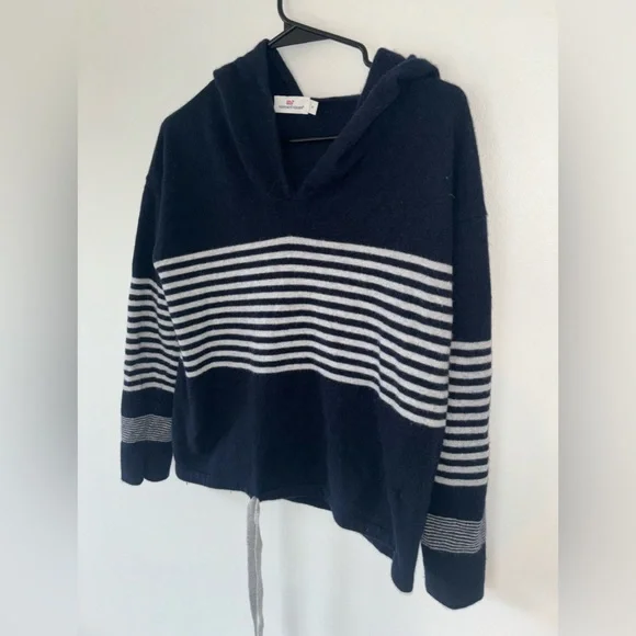 Vineyard Vines Navy Blue & White Stripe Hooded Wool Cashmere Sweater Size Small - Picture 3 of 12